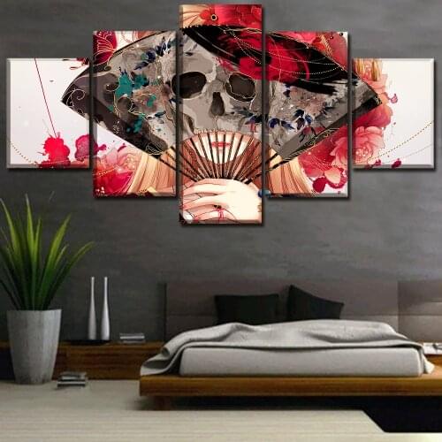 Framework Poster Painting 5 Panels Animation Girl Fan Abstract Skull Face Wall Art Modular Picture Home Decor Canvas Printed