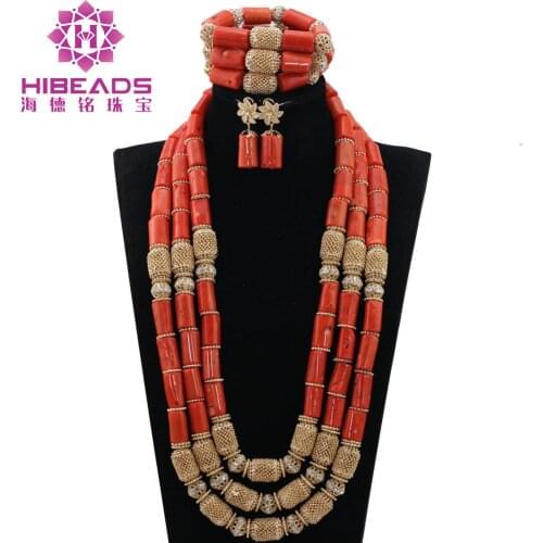 Luxury 3 Layers Nigerian Wedding Coral Beads Jewelry Sets African Bridal Coral Necklace Bracelet Earrings Free Shipping CNR824