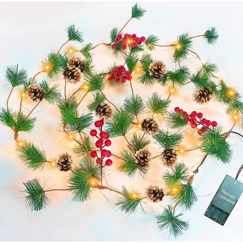 Christmas Garland With 30 Lights Christmas Pinecone Lights Battery Operated Red Berry Pine Cone Bristle Decor Xmas Fairy Light
