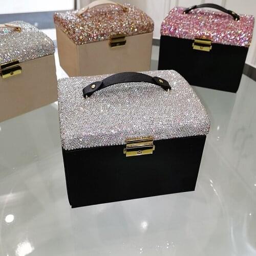 3 Layers Cosmetics Diamond Portable Jewelry Box Necklace Ring Storage Case Crystal Household Multifunction With Mirror Gifts