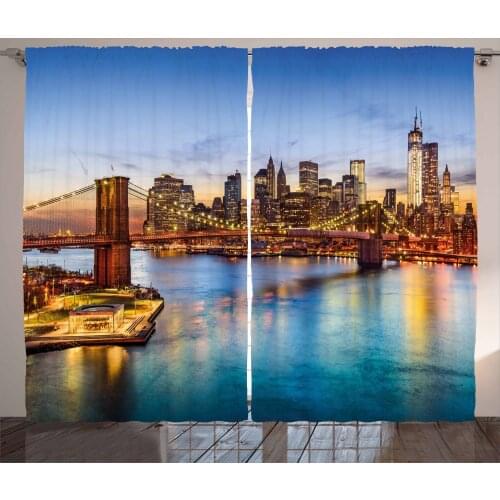 Reflections of New York Curtains Brooklyn Bridge View Satin Fabric Drapes for Living Room Bedroom 2 Panel Window Set