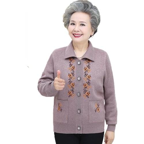 The elderly Womens Sweater Cardigan Jacket New Spring Autumn Clothes Single-breasted Knit Sweater Cardigan Female Plus Size