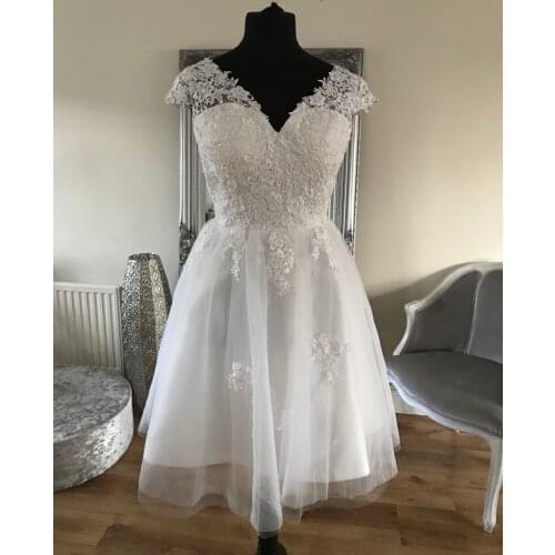 A Line Tea-Length Wedding Dresses Cap Sleeve Backless Short Style Bridal Gowns