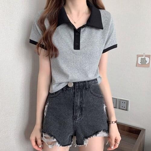 Female Korean Harajuku Retro Stitching Color Ins Tshirt Womens T-shirts Tops Japanese Kawaii Ladies Ulzzang Clothes For Women