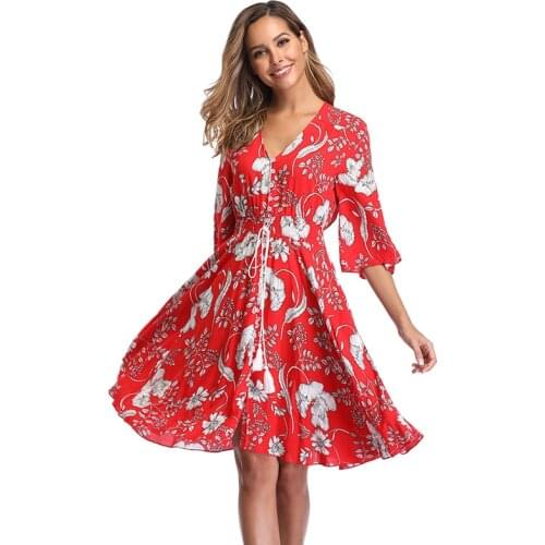 Witbuy Fashion Korean Elegant Bohemian Print Beach Sundress Women Floral Summer Wrap Dress A-Line Ruffles Chiffon Short Dresses