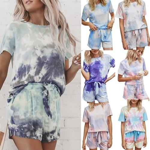 New Arrival 2 Piece Shorts Set For Women Tracksuit Tie Dye Short Sleeve Top Lounge Wear Outfits Streetwear