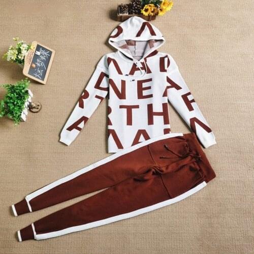2021 New Autumn Casual Letter Print Knitted Tracksuit Women Pullover Hooded Sweaters Tops + Stripe Pants 2 Pieces Set
