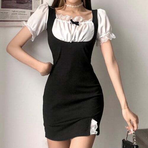 Summer Dress 2021 Retro Gothic Women White Black Patchwork Mini Dresses Sexy Lace Puff Sleeve Korean Fashion Vestidos