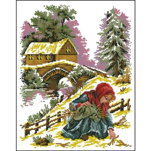Gold Collection Counted Cross Stitch Kit Red headscarf Girl Winter countryside bridge Picking up branches and Pinecone