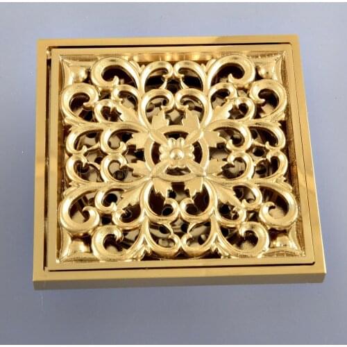 Gold Color Brass Floor Drains Shower Floor Drain Bathroom Deodorant Euro Square Floor Drain Strainer Cover Grate Waste thr05