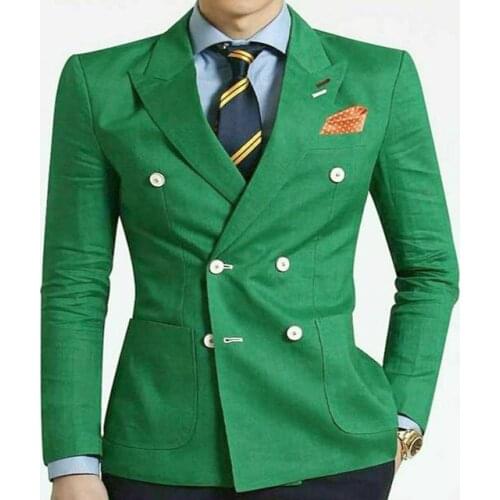 2020 Green Double-breasted Linen Suits Men Retro Wedding Groom Suit Peaked Lapel Terno Masculino 2 Piece Set (Jacket+Pants)