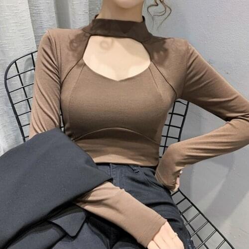 2021 Women T-shirt Cotton Halter Tops Sexy Hollow Out Black Ladies Tee Shirt Spring Autumn Solid Slim Long Sleeve Women-clothing