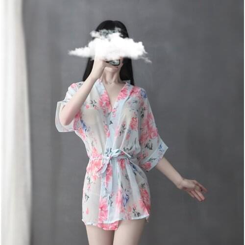 2020 Asian Fashion Women Transparent Chiffon Floral Printed Japanese Dress Floral Robe Kimono Sexy Sleepwear Short Style Gift