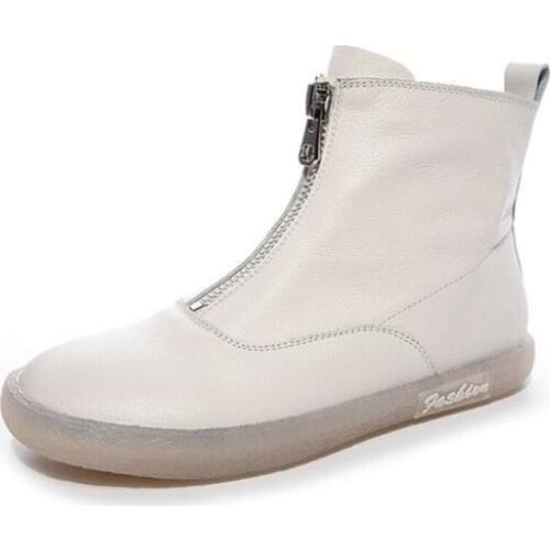 2021 Soft Cowhide Soft Sole Non-slip Wear Flat Boots Sneakers Front Zipper Genuine Leather Shoes Woman Boots Short Riding Boots
