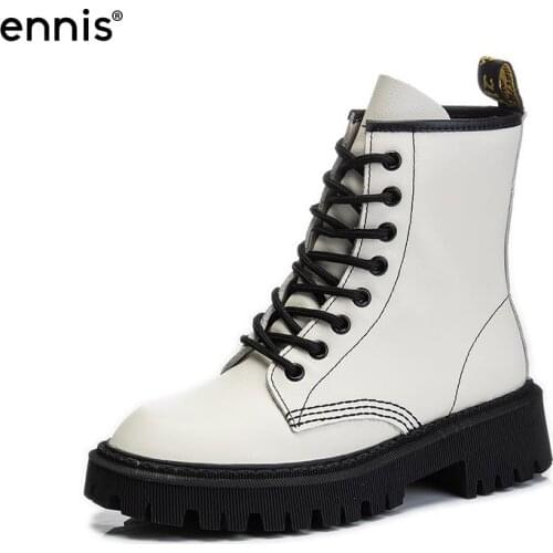 ENNIS Womens Shoes 2021 Genuine Leather Martin Boots Round Toe Ankle Boots Lace Up Female Shoes Square Heel Autumn Winter Boots