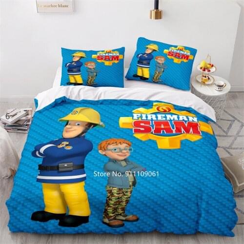 Animated Firemen 3D Printed Childrens Boys and Girls Bedrooms Are Decorated with Blue and Yellow Duvet Covers and Pillowcases