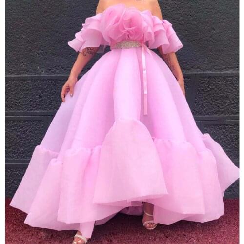 Elegant Fashion Long Prom Dress Off The Shoulder Puffy Ruffles Sleeves Waistband Tulle Ball Gown Women Evening Party Vestidos