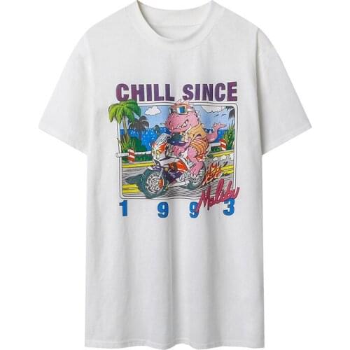 Oversize Girls Soft Cotton O Neck T-shirt 2021 Fashion Ladies Office Loose Women 1993 Series Dinosaur Motorcycle Print T-shirt