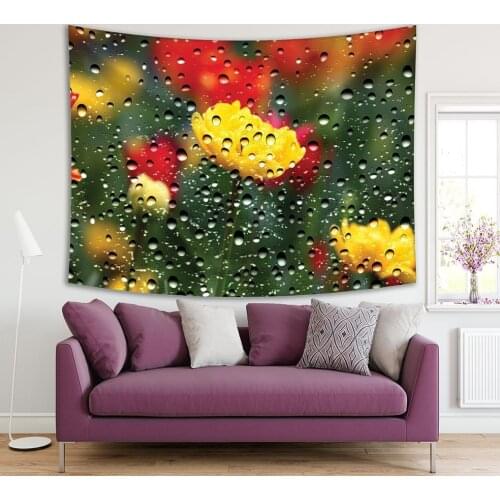 Tapestry Tulips Flowers through Window Glass Covered by Water Drops Yellow Red Green Romantic Nature View Printed