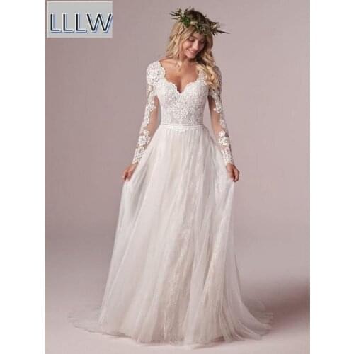 Ivory Lace Tulle V-Neck Long Sleeves Layered Skirt Floor -Length A-Line Wedding Dresses Chapel Train Custom Made