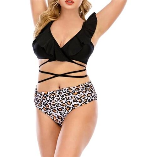 Summer Swimming Costume Ladies Split Swimwear Set Women Leopard Print Flouncing Lace Up Large Size Backless Bikini Swimsuit