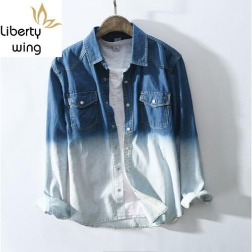 Mens Gradient Color Jeans Shirt Summer Men Casual Square Collar Thin Beach Shirts Camisa Hombre Long Sleeve Overhemd