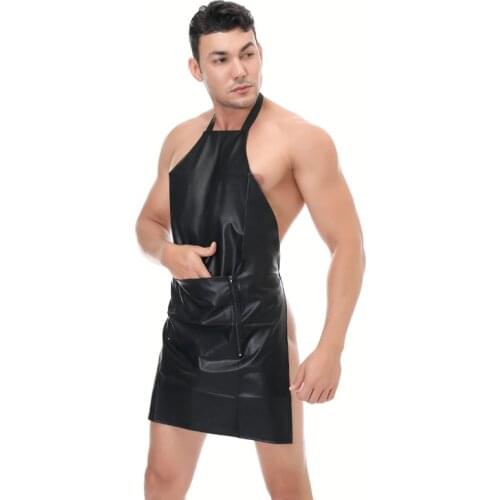 Faux Leather Men Sexy Lingerie Maid Apron Open Back Cosplay Party Nightwear Uniform Sexy Mens Costume Clubwear Outfits