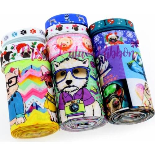 9mm 22mm 75mm Dog Series Set Flower Dogs&Footprint Patterns Printed Grosgrain Ribbon Handmade Hair Bands 10yards/pack