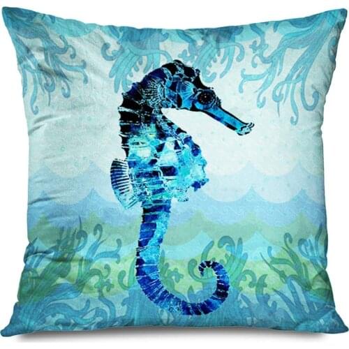 CHARLLR Throw Pillow Cover 18x18 Inch Vintage Mediterranean Nautical Sea Seahorse Aquatic Plants Watercolor Blue Retro
