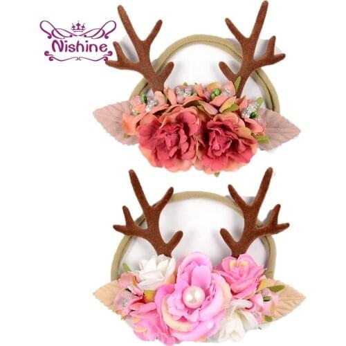 Nishine Baby Girls Christmas Antlers Headband Bunny Ears Flower Hair Band Newborn Nylon Turban Hair Accessories Birthday Gifts
