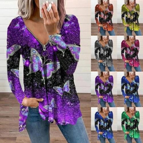 New Large Size V-neck Womens Blouse Autumn Butterfly Printing Long-sleeved Top Zipper Pullover Ladies T-shirt Damen Kleidung