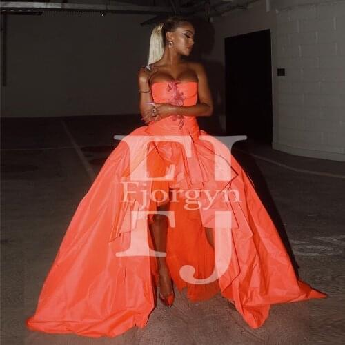Orange Ball Gown Satin Prom Gowns Custom Made High Low Strapless Formal Dresses Zipper Back Sweep Train Party Dress 2021