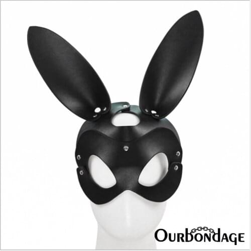 Ourbondage 3 Types PU Leather Rabbit Mice Devil Shape Adjustable Head Mask Bondage Strap Harness With For Men Women Fetish BDSM