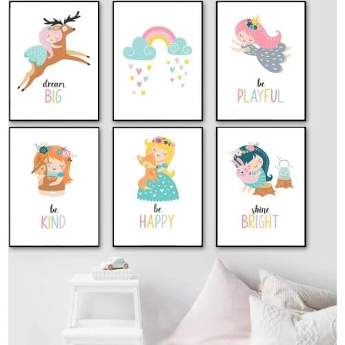 Sika Deer Girl Love Hug Canvas Poster Pink Cloud Rainbow Print Nursery Painting Nordic Poster Wall Pictures Baby Room Decor