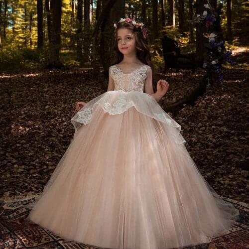 Lovely Flower Girl Dresses O-Neck Tulle Ball Gown Sleeveless Applique Little Girls Pageant Gowns First Holy Communion Dresses