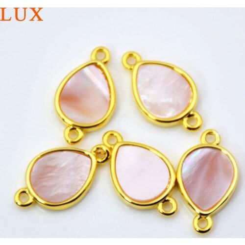 Natural pink shell connector teardrop pear shape Gem stone charms natural shell gold setting jewelry double bail pendant