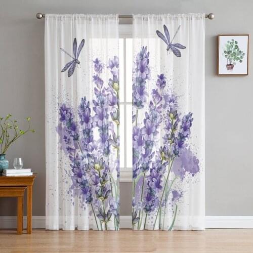 Purple Flower Lavender Dragonfly White Sheer Window Curtains for Living Room Bedroom Girls Room Decoration Tulle Curtains
