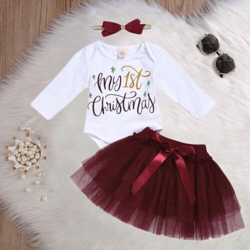 Newborn Baby Girl Xmas Long Sleeve Romper Tutu Mesh Skirt Hairband Outfits Set Letter Print Tops Knotbow Skirts Suit