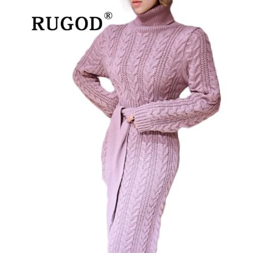 RUGOD 2020 Womans Turtleneck Sweater Dress Solid Twist Long Sleeve Bandage Bodycon Vestidos All Match Knitwear Winter GD088