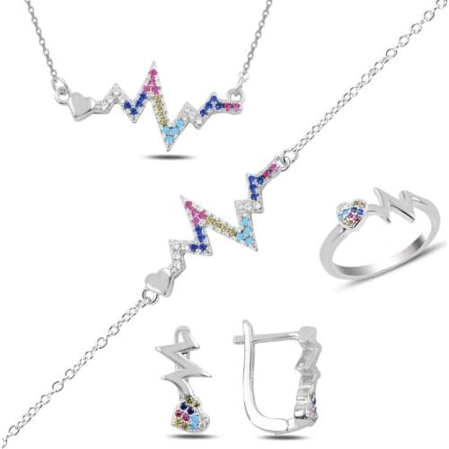 Silverlina Silver Heart & Heart Ritmi Mixed Color Zircon Stone Set
