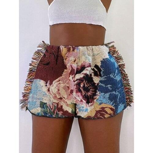 Tassel Print Shorts for Women Short Streetwear Summer All-match Mid Waist 2021 New Fashion Vintage Casual Shorts Woman