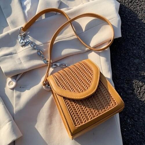 Sweet Girls Weave Mini Crossbody Bags for Women Flap Casual Sling Bag Ladies Fashion Chains Cell Phone Clutch Purse Shoulder Bag