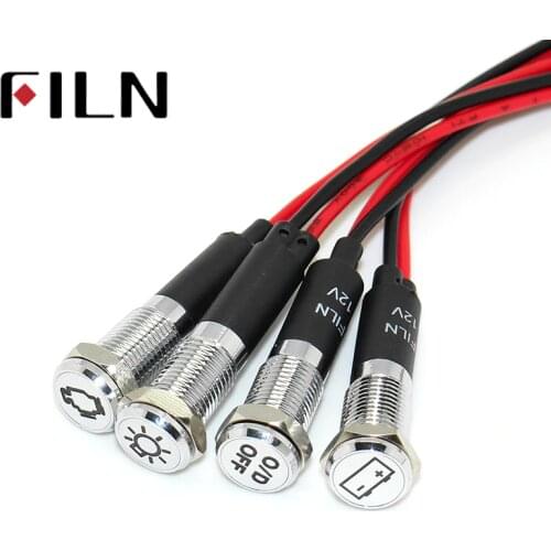 FILN 8mm Warning Dashb red yellow white blue green 12v led indicator light with 20cm cable with symbol