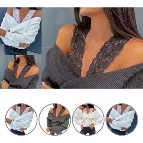 Top Simple Long Sleeve V-Neck Sweater Pullover Skin-friendly Sweater Pullover Solid Color for Daily Life