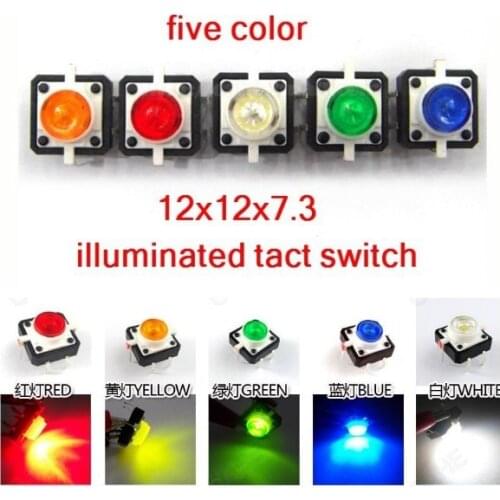 20pcs Illuminated Tact Switch 12x12x7.3 mm Green Red Yellow Blue White LED Reset button Switch Momentary LED 5 color 12*12*7.3mm