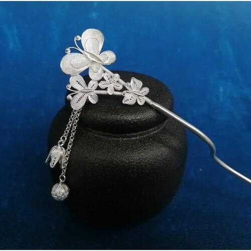 Bastiee 999 Sterling Silver Hair Stick Butterfly Tassel Women Accessories Hairpins Chinese Hmong Miao Silver Hair Pin Dangle