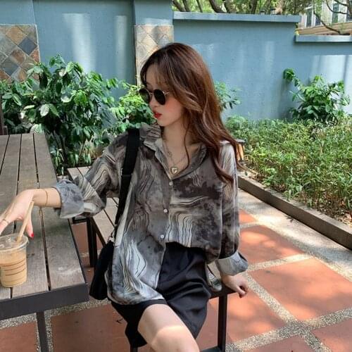 Retro Ink Print Long-sleeve Top Shirt Women Spring And Autumn 2021 New Fashion Loose Personality Unique Niche Blouse
