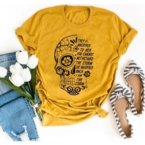 Skull Flowers They Whispered To Her Printing T-shirts Women Summer Clothes Graphic Tee Aesthetic Shirts for Women Goth Crew Neck
