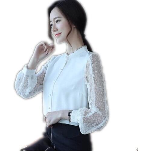 2019 New Spring Women Chiffon Shirts Female Long Lantern Sleeve Casual Stand-Collar Beading Lace Shirts Female Tops Mujer Q1257
