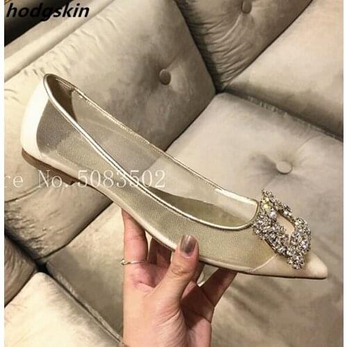 2019 Hot Fashion Brand Square Luxury Crystal Pointed Toe Lace Women Flats Sexy Glliter Shiny Cover Heel Wedding Shoes Woman